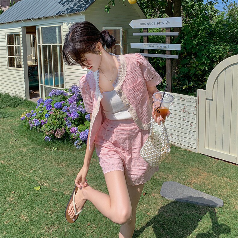 法式甜美小香风花边上衣套装女2025夏季新款宽松显瘦短裤子两件套,女装套装/套裙,2C029