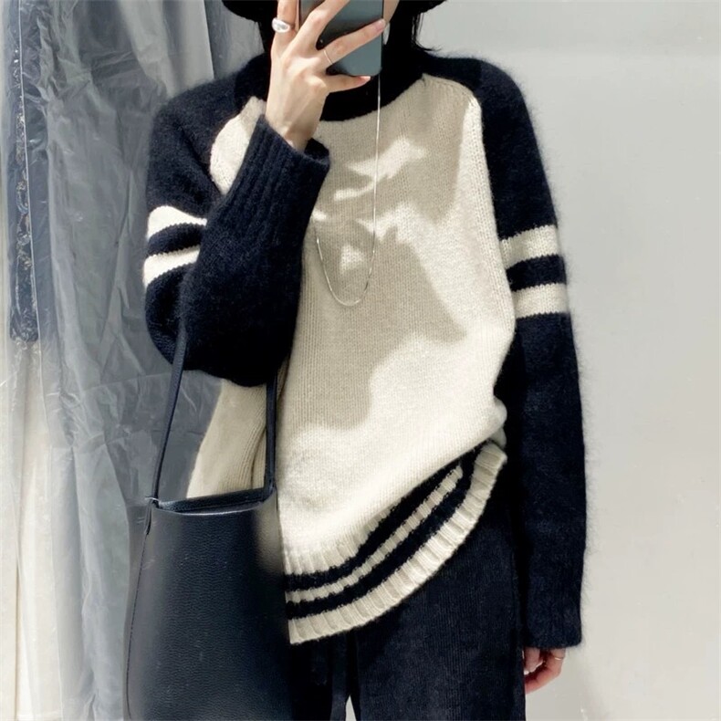 宽松秋冬百搭简约拼色加厚圆领套头羊毛衫,女装羊毛衫,圣旺供货