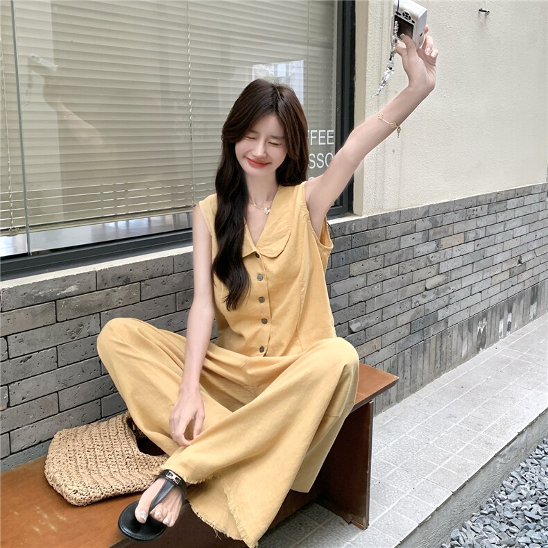 2025夏季新款韩版时尚减龄气质百搭无袖马甲高腰阔腿裤两件套女,女装套装/套裙,2C210