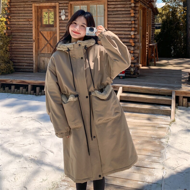 卡其色工装连帽派克服女冬季2025新款韩系中长款加绒加厚棉服外套,女装短外套,2B183