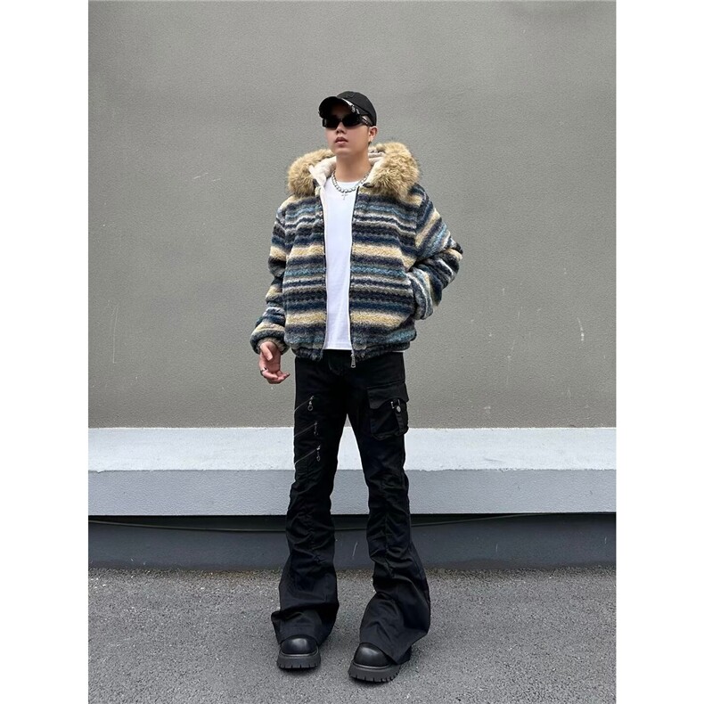美式潮牌毛领加厚棉服可拆卸毛领蓝色2025冬季cleanfit保暖棉衣,男装棉衣,星座506A