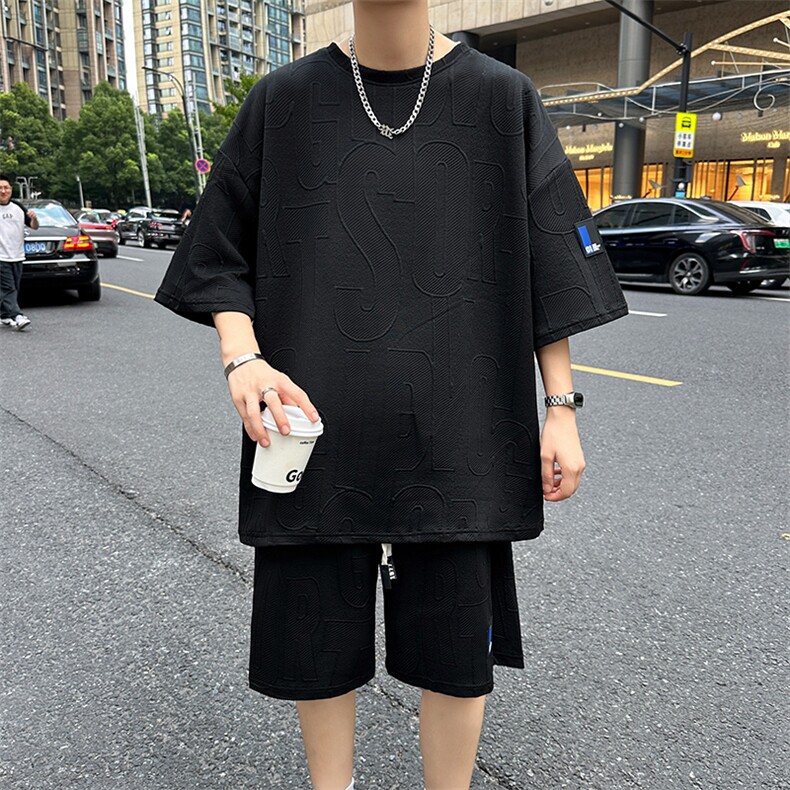 华夫格套装男2025夏季潮牌宽松休闲运动短袖短裤两件套男TZ30-P25,男装牛仔裤,星座1816-2（原1210–2）