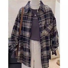 格子衬衫外套女慵懒风复古秋冬磨毛新款宽松长袖休闲衬衣CN502，男装衬衫，星座1116A（原606A-3）