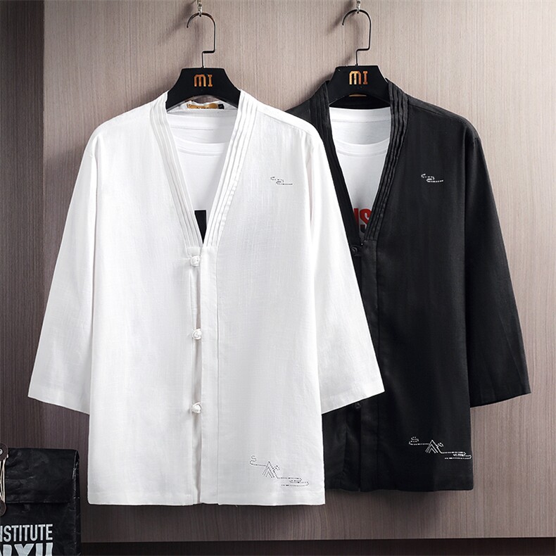 夏季亚麻开衫男装棉麻盘扣印花T恤男七分袖风A266-1-T158-P40，男装T恤，电商A266-1