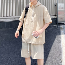 夏季两件套装冰丝速干半拉链短袖连帽衬衣男休闲宽松薄款工装短裤，男装牛仔裤，星座410-7