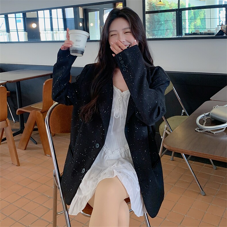 包袖老钱风常规款复古港风女西装黑色西服秋季休闲小香风气质网红,女装西装,2D080