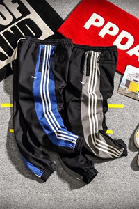 2019麒麟风日系冬季宽松大码男条纹运动加绒休闲裤K8191-P65图片