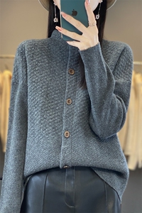 24秋冬半高领100山羊绒开衫女提花加厚保暖宽松毛衣外套针织上衣图片