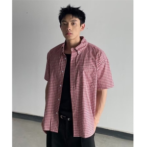 夏天日系红色小格子衬衫男短袖纯棉薄款潮流韩版港风休闲半袖衬衣图片