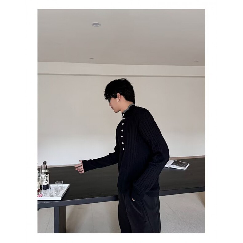 秋冬亨利领针织衫毛衣男修身韩版粗条纹纯色打底衫时髦,男装T恤,四季星座505