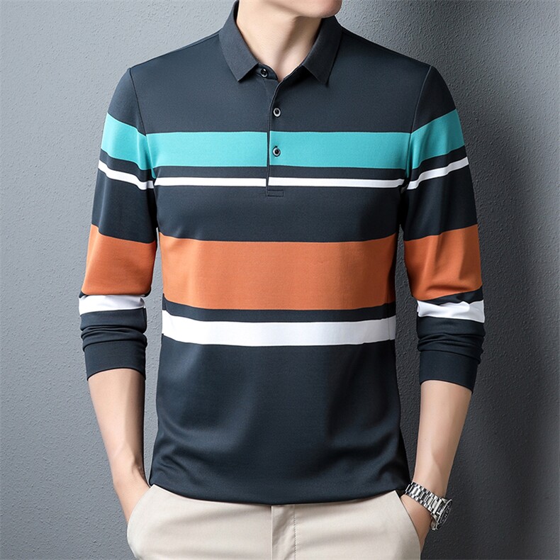 男士长袖翻领T恤2026秋季条纹爸爸装polo衫商务休闲夏装上衣，男装T恤，电商B212（原钱塘6029）