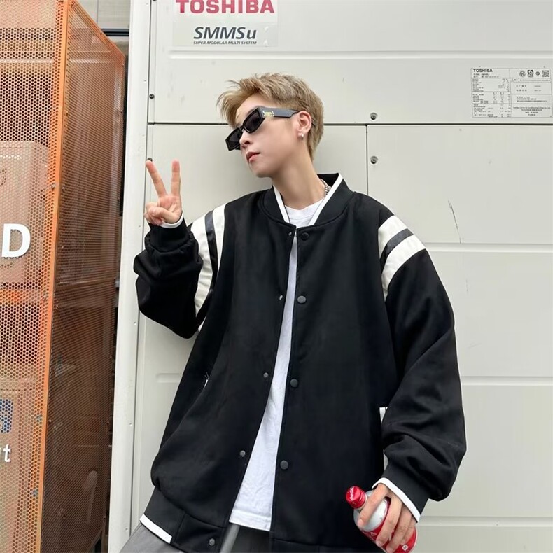 港风街头麂皮绒棒球服外套男秋冬季夹克休闲撞色上衣1345-P60,男装夹克,星座910-5