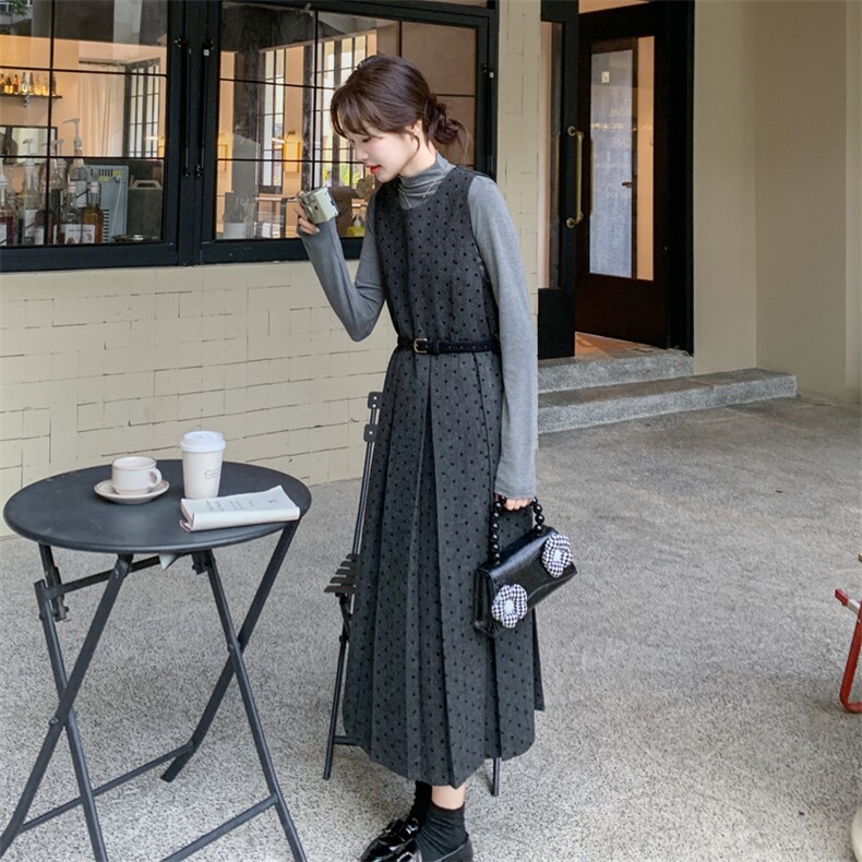 【】灰色毛呢波点背心裙打底衫套装#8615-P155-K228,女装套装/套裙,2C111