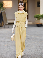 黄色绝美休闲套装裤女2025夏季新款系带收腰衬衫工装阔腿裤两件套，女装套装/套裙，韩宇舍