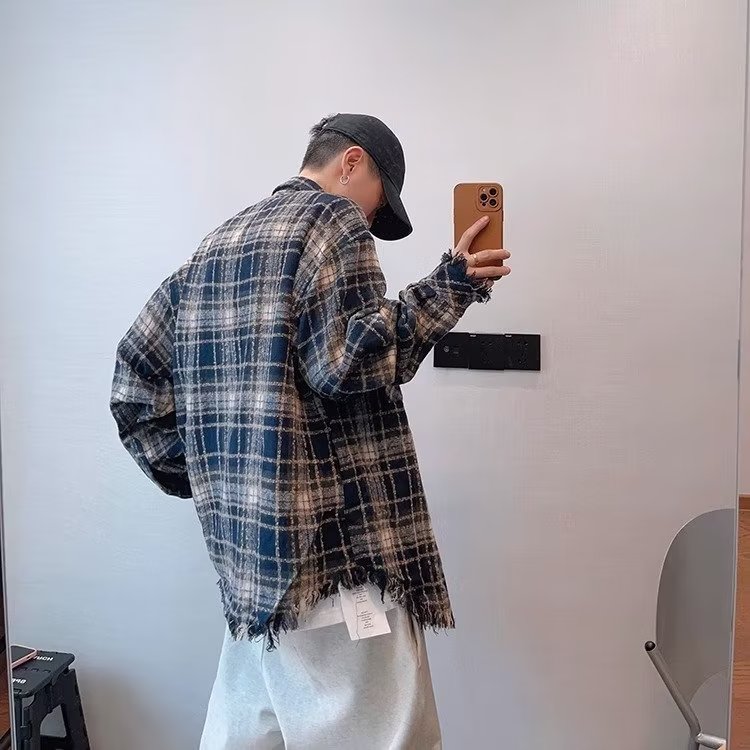 C260-P48日系少年感毛边格子衬衫男春秋新款潮牌百搭内搭宽松,男装T恤,电商B323A