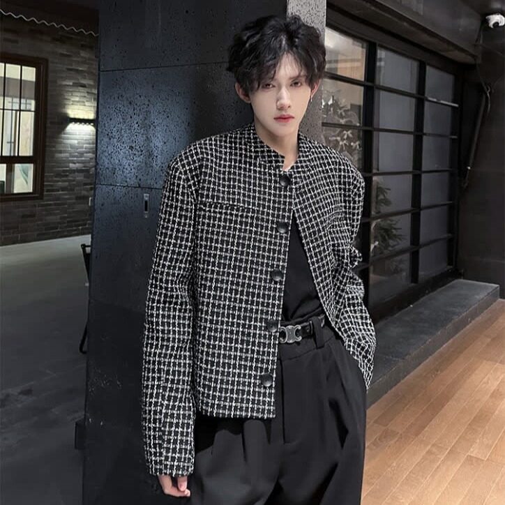 短款垫肩千鸟格西装外套男穿搭立领休闲西服小香风夹克JK240P65,男装西服,星座1013-5