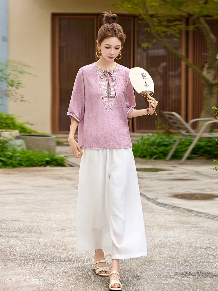 新中式国风棉麻休闲套装女2025新款夏季短袖刺绣衬衫阔腿裤两件套,女装套装/套裙,涵墨