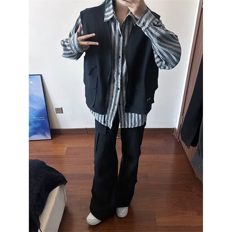 新款假两件工装长袖衬衫男生春秋潮牌复古条纹衬衣外套LC499-P63,男装衬衫,星座1008