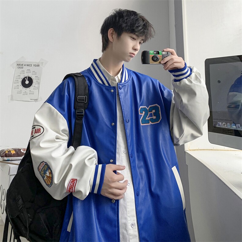 2035-P85港风春秋新款夹克男字母刺绣港风棒球服宽松休闲PU皮外套,男装夹克,星座1109-2