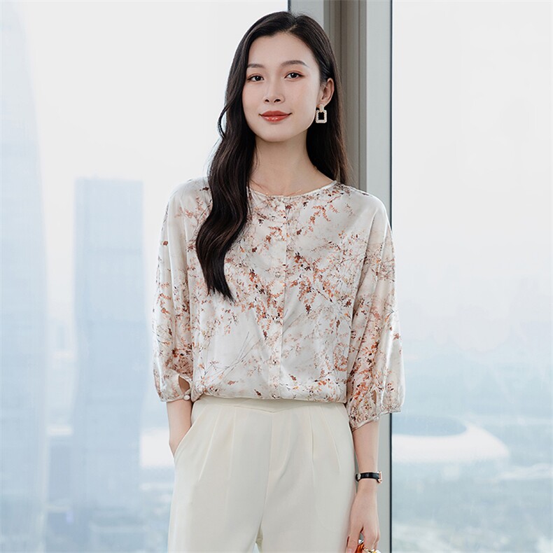 纯色真丝上衣女七分袖2026春夏宽松中袖中年妈妈装真丝T恤小衫,女装衬衫,阿舍尔精品
