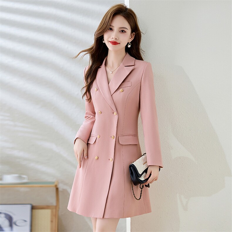 纯粉色双排扣西装外套中长款2024秋季职业女装加小码小个子连衣裙，女装风衣，贝蕾酷儿