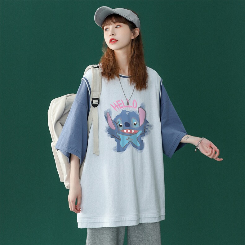 中性风潮流卡通印花情侣装港风假两件短袖T恤班服T602P40控58,男装T恤,A247A