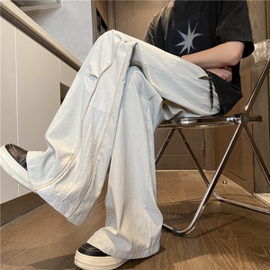 美式条纹休闲裤男秋季高街潮牌扎染设计感弯刀裤复古cleanfit长裤图片
