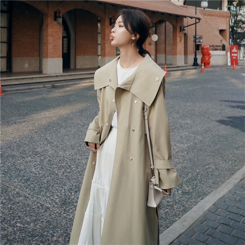秋款！气质大翻领中长款风衣外套163-W08-P135-控198，女装风衣，拾菱