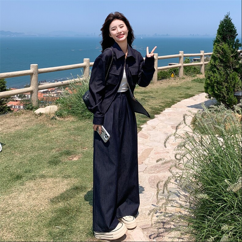 韩系减龄牛仔套装女2025秋季新款时尚气质设计感上衣长裤两件套图片