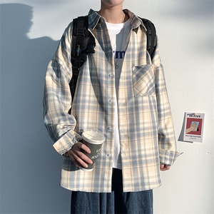 2025春新款潮流港风设计感大码休闲外套男撞色格子衬衫C3303-P40图片