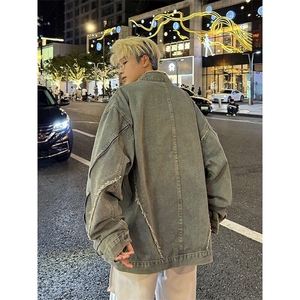 美式复古解构毛边水洗牛仔夹克男设计感短款机车风帅气外套上衣潮图片