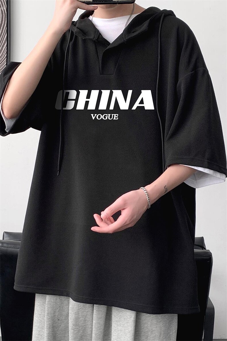 LD54001-P45连帽短袖t恤男大码胖子带帽五分袖中袖,男装T恤,电商A040