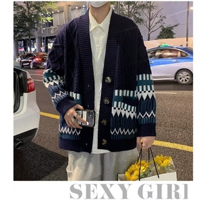 B432P50男装日系复古拼接菱格V领开衫毛衣宽松痞帅潮针织图片