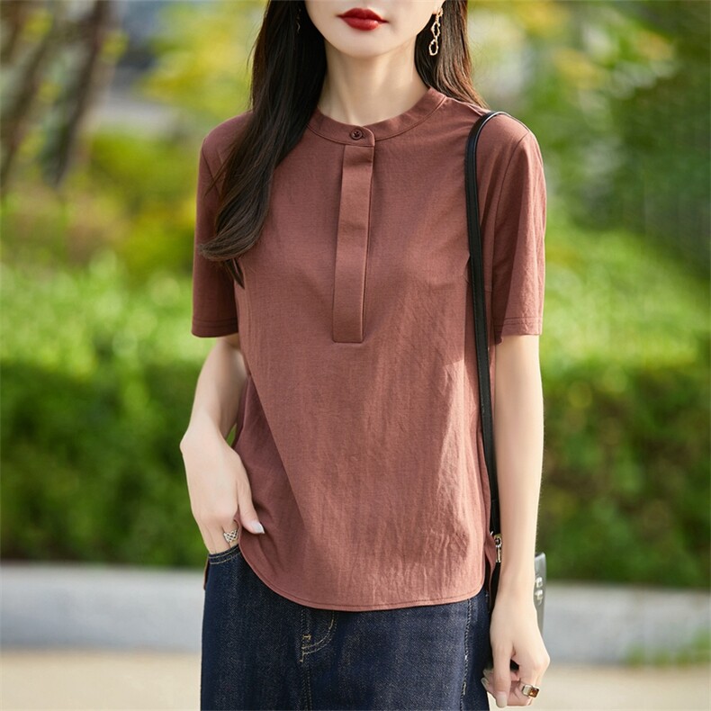 天丝棉麻立领短袖衬衫女夏季新款简约纯色百搭半开领半袖宽松上衣,女装衬衫,臻维羊绒
