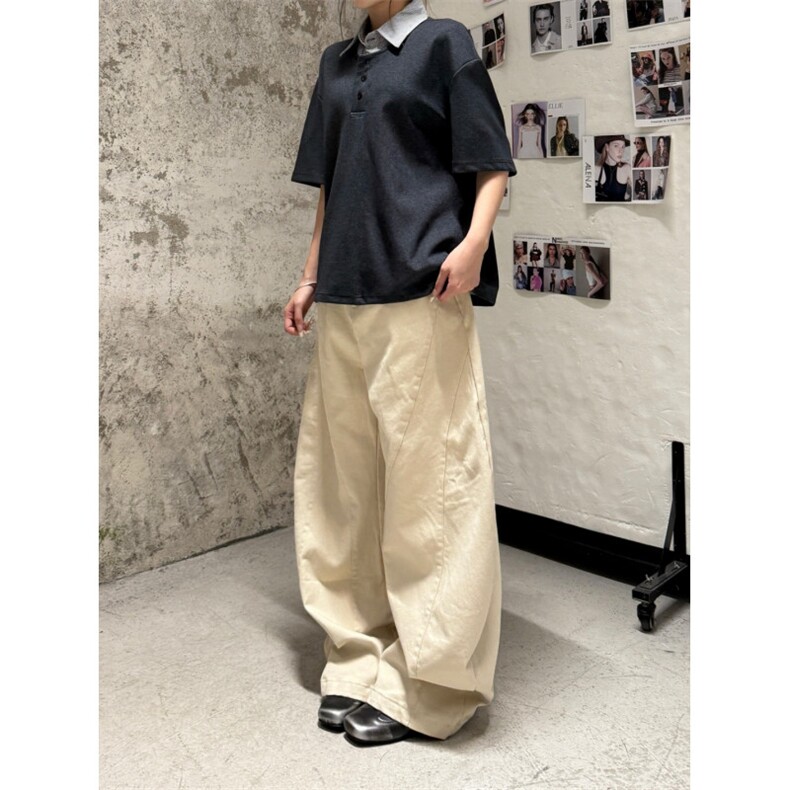 卡其色休闲裤阔腿牛仔裤男女春夏季2025新款宽松梨形身材弯刀裤子图片