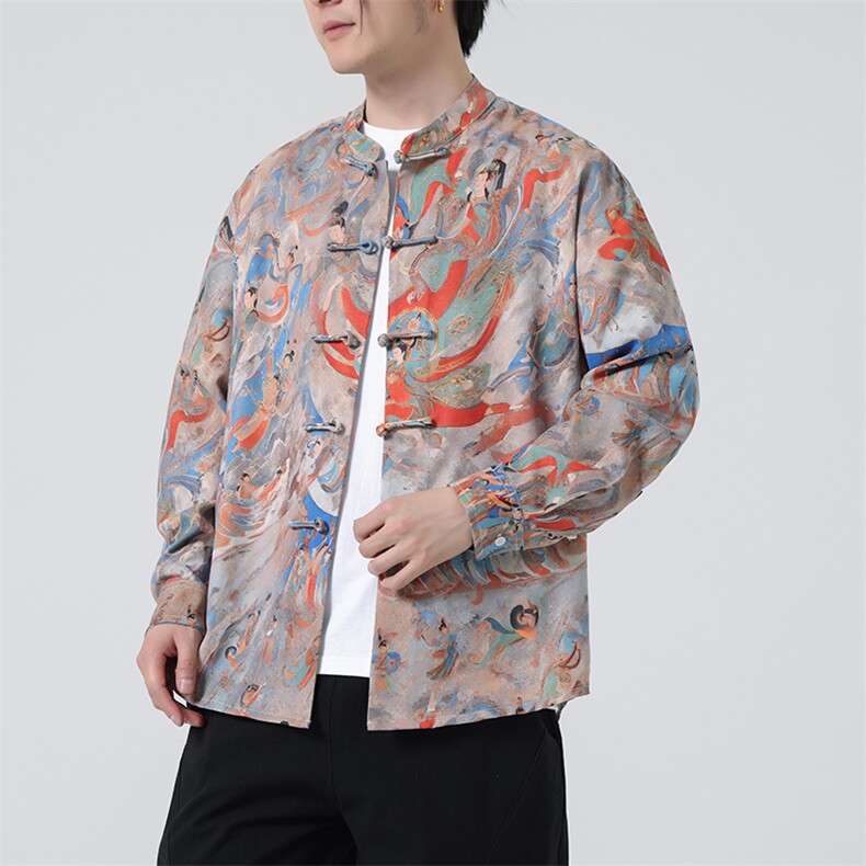 原创新中式春夏新品{敦煌壁画}数码印花风立领长袖衬衫31219,男装衬衫,星座305A（原312A-1）