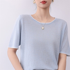 2025新款极简通勤纯色精纺羊毛针织卷边T恤上衣，女装T恤，盛鼎羊绒