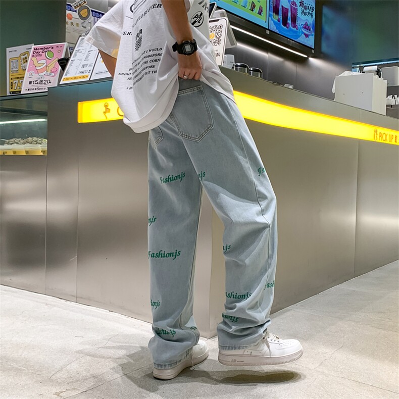 高街牛仔裤男女直筒宽松炸街刺绣阔腿显瘦拖地长裤子N02012-P43,男装牛仔裤,星座308B-1