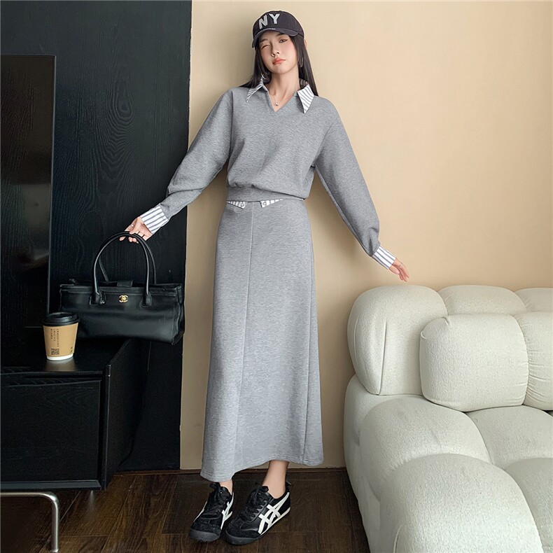 韩版假两件拼接卫衣高腰显瘦半身裙女秋季新款盐系炸街减龄两件套,女装套装/套裙,江南