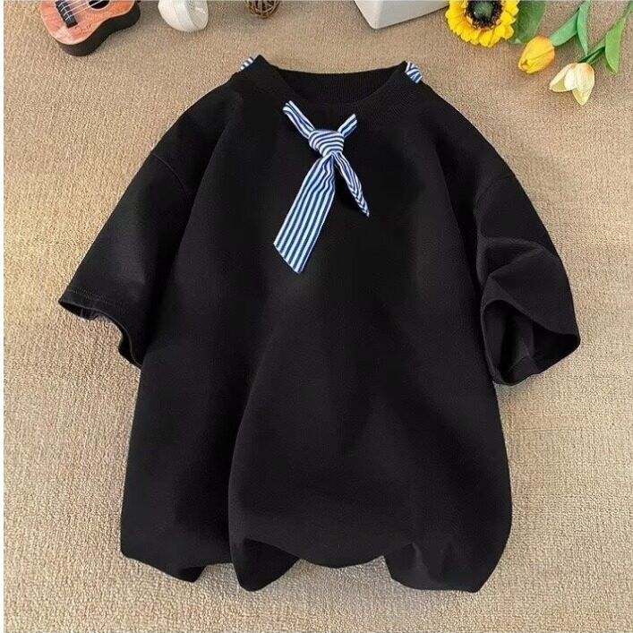 带领巾条纹拼接短袖T恤男女简约夏季宽松休闲情侣上衣圆领五分袖,男装T恤,星座1210-1