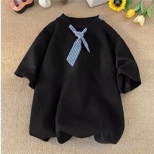 带领巾条纹拼接短袖T恤男女简约夏季宽松休闲情侣上衣圆领五分袖图片