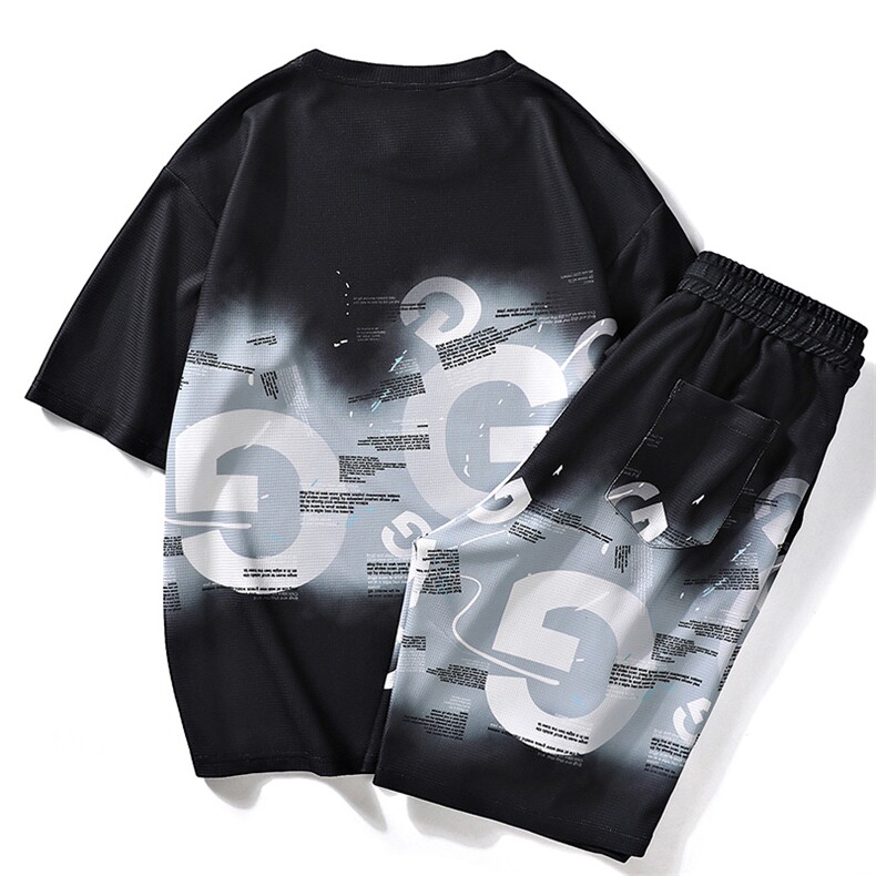 夏季短袖套装潮牌印花冰丝t恤运动休闲两件套衣服A438-TZ08-P65,男装T恤,电商A438