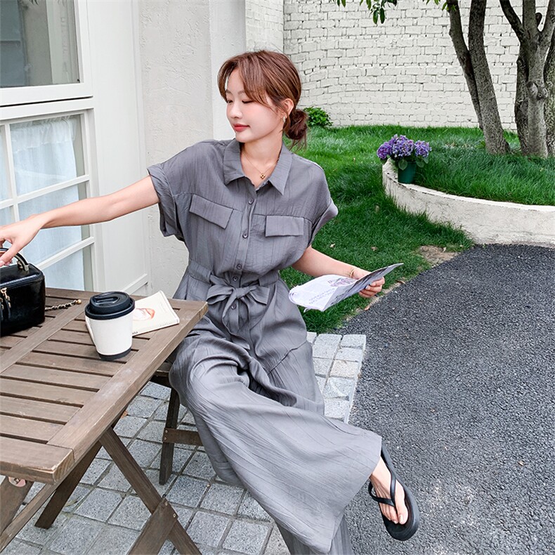 灰色高级感收腰系带衬衫套装女夏季2025年新款高腰阔腿长裤两件套,女装套装/套裙,2C126