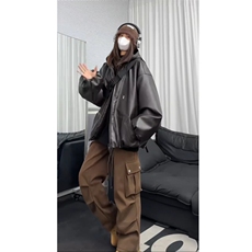 网图慎用连帽防水加厚皮衣男宽松皮棉衣棉服男女同款M8008-P105，男装皮衣，电商A006