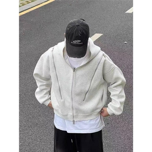 美式复古解构多拉链连帽开衫卫衣男女秋冬季重磅廓形cleanfit外套图片
