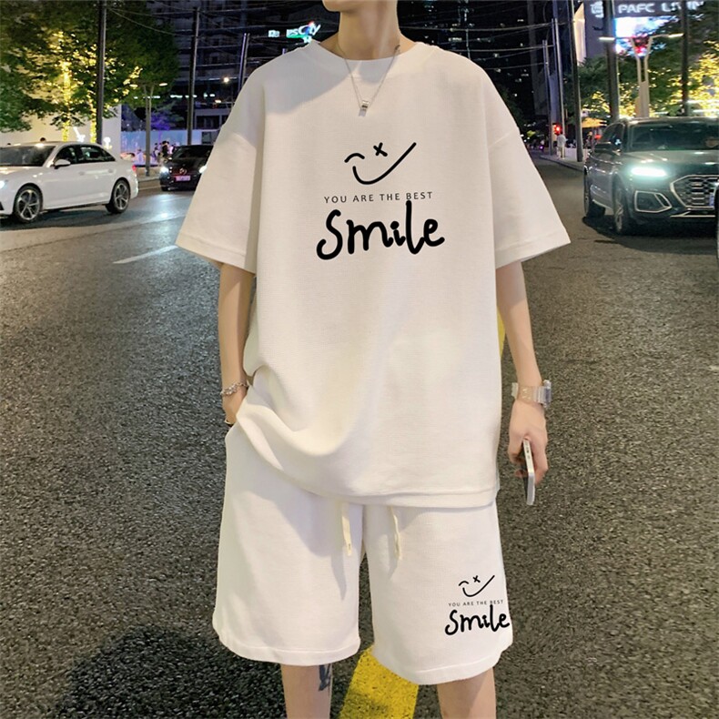 wassuphappy青少年短袖t恤男夏季冰丝宽松套装华夫格休闲运动服,男装T恤,电商B220