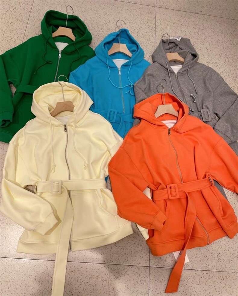 戴帽腰带卫衣开衫外套，女装卫衣/绒衫，玩美