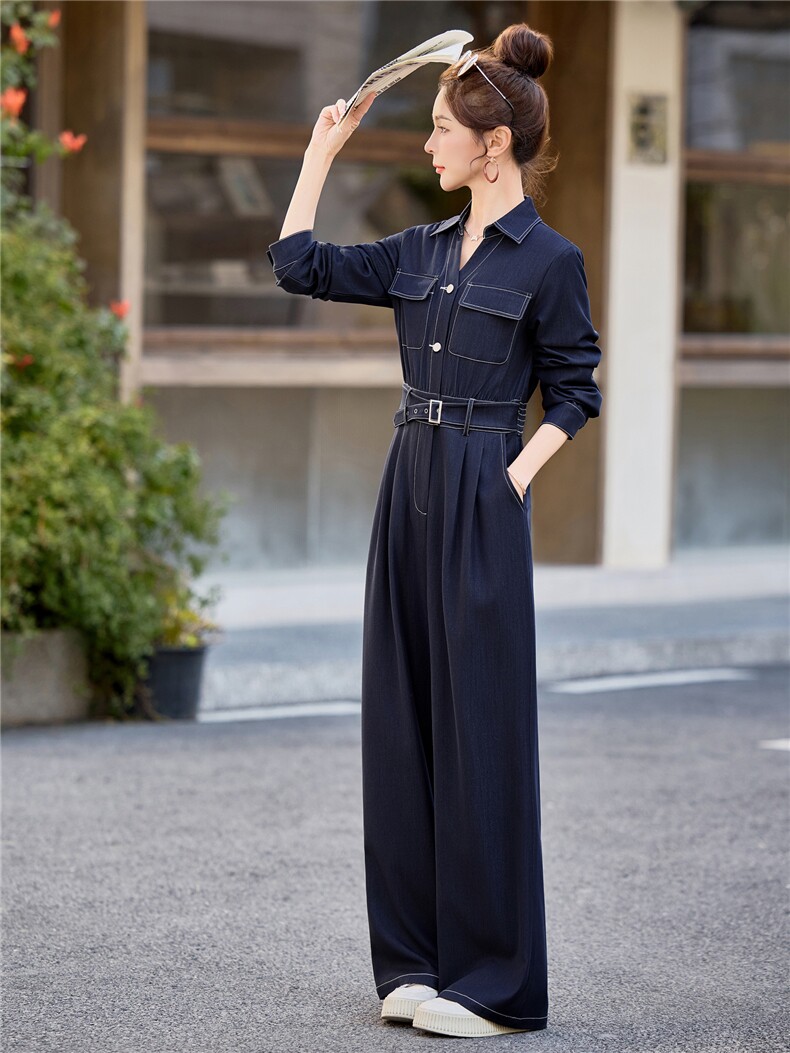 （新款现货）2026春装时尚高级显瘦天丝牛仔V领腰带阔腿连体裤,女装连体裤,印象茜