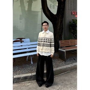 重磅秋冬装北极绒套头毛衣美式复古休闲慵懒风提花工艺针织衫外套图片
