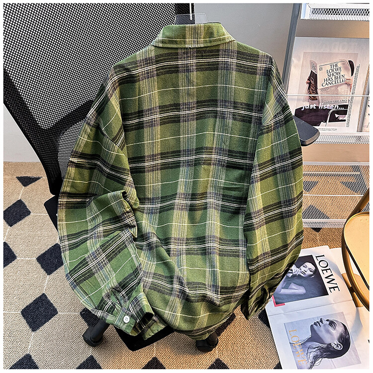 美式复古绿色长袖格子衬衫新款百搭休闲宽松衬衣FC256P30,男装衬衫,星座1013-1